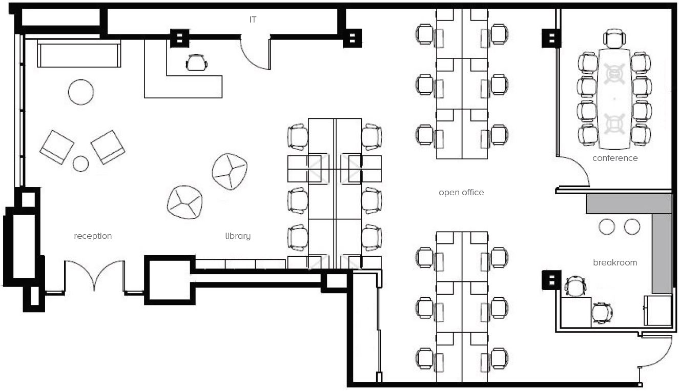 Hypothetical Floor Plan with Conceptual Furniture Layout for Suite 100