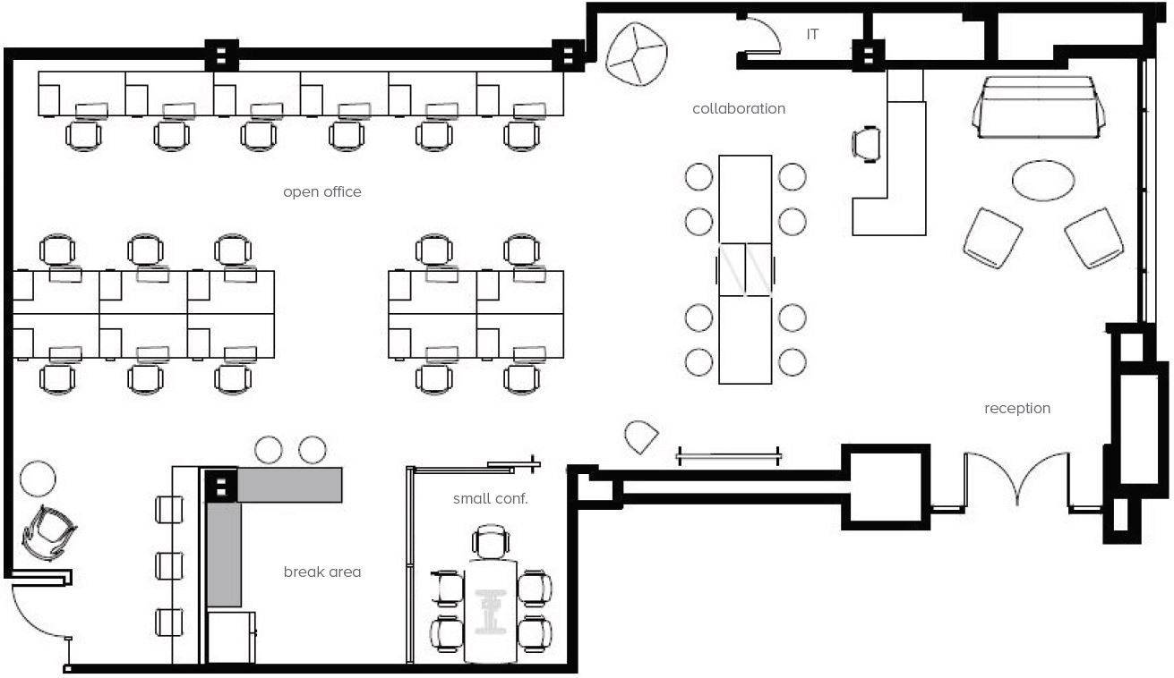 Hypothetical Floor Plan with Conceptual Furniture Layout for Suite 110